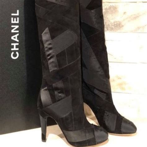 chanel over the knee boots 2015|Chanel black canvas heel boots.